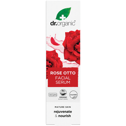 Dr Organic Rose Otto Facial Serum 30ml cardboard box with floral designs on a white background.