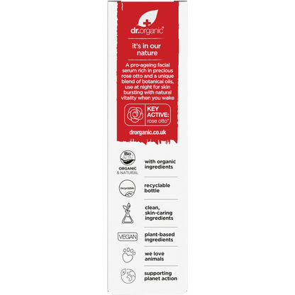 Back of Dr Organic Rose Otto Facial Serum box showing product benefits, ingredients, and directions for use.