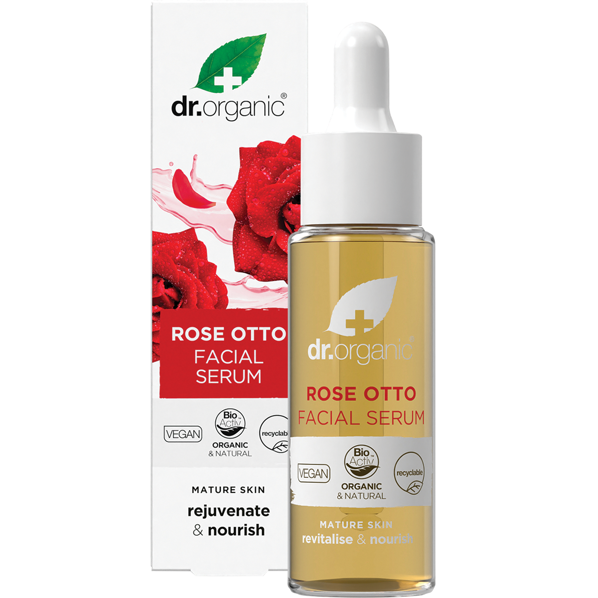 Dr Organic Rose Otto Facial Serum 30ml bottle with dropper and its decorative retail box on a white background.