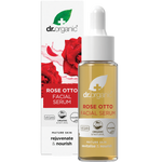 Dr Organic Rose Otto Facial Serum 30ml bottle with dropper and its decorative retail box on a white background.