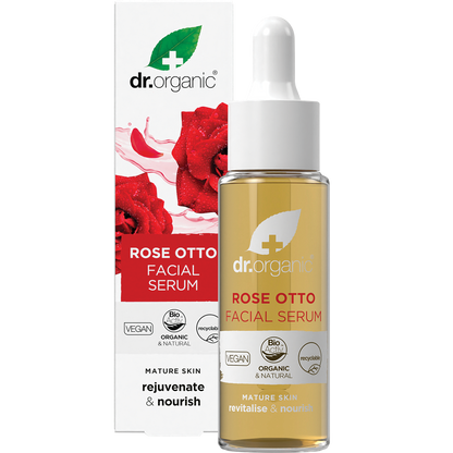 Dr Organic Rose Otto Facial Serum 30ml bottle with dropper and its decorative retail box on a white background.