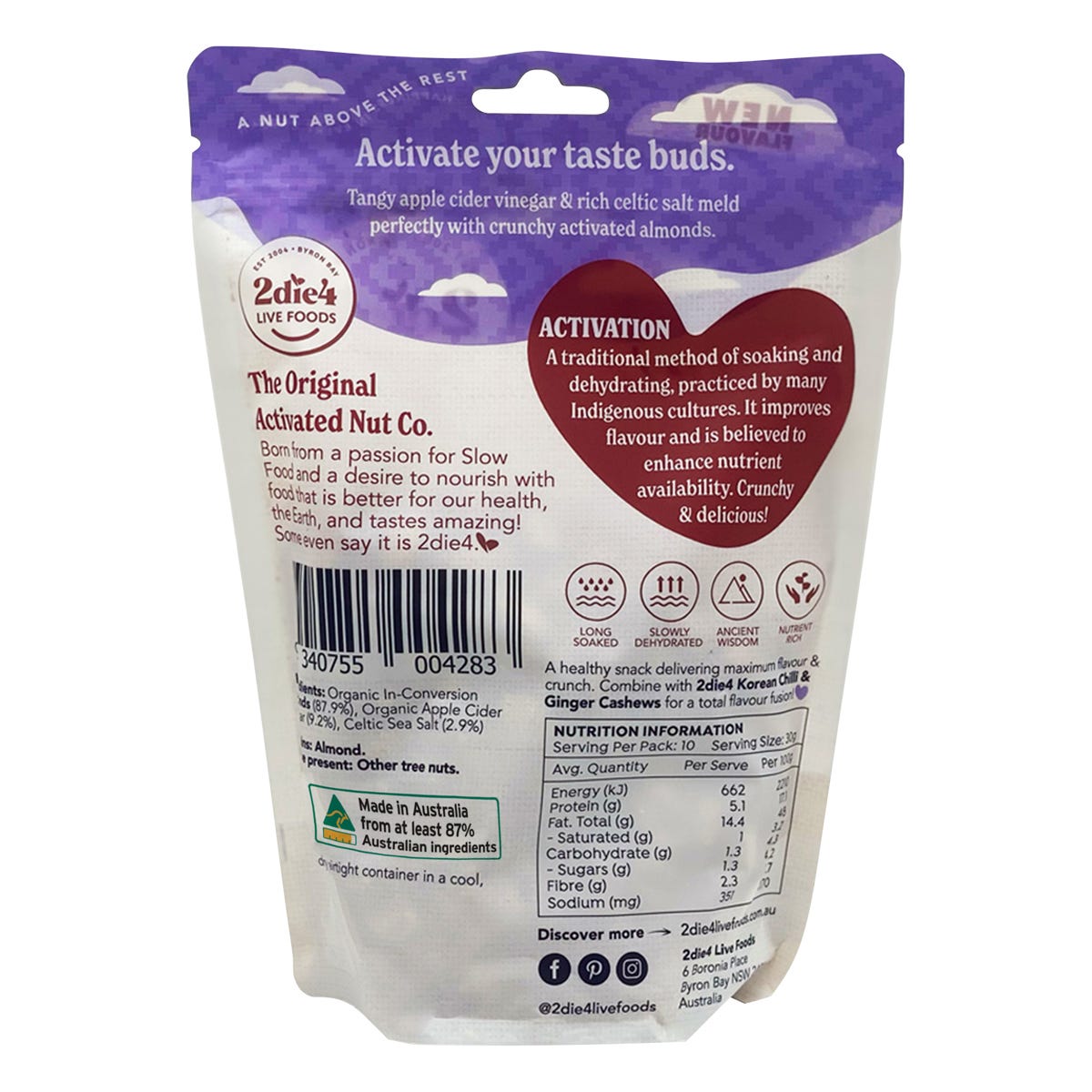 Back of a 300g bag of 2die4 Live Foods Organic Activated Salt & Vinegar Almonds with nutritional and ingredient info.