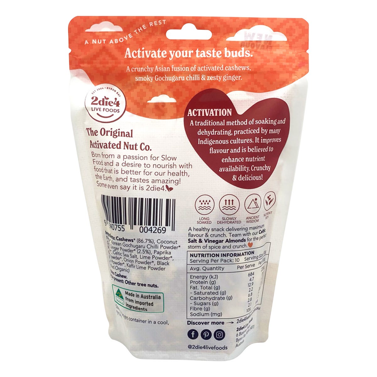 2die4 Live Foods Organic Activated Korean Chilli & Ginger Cashews 300g