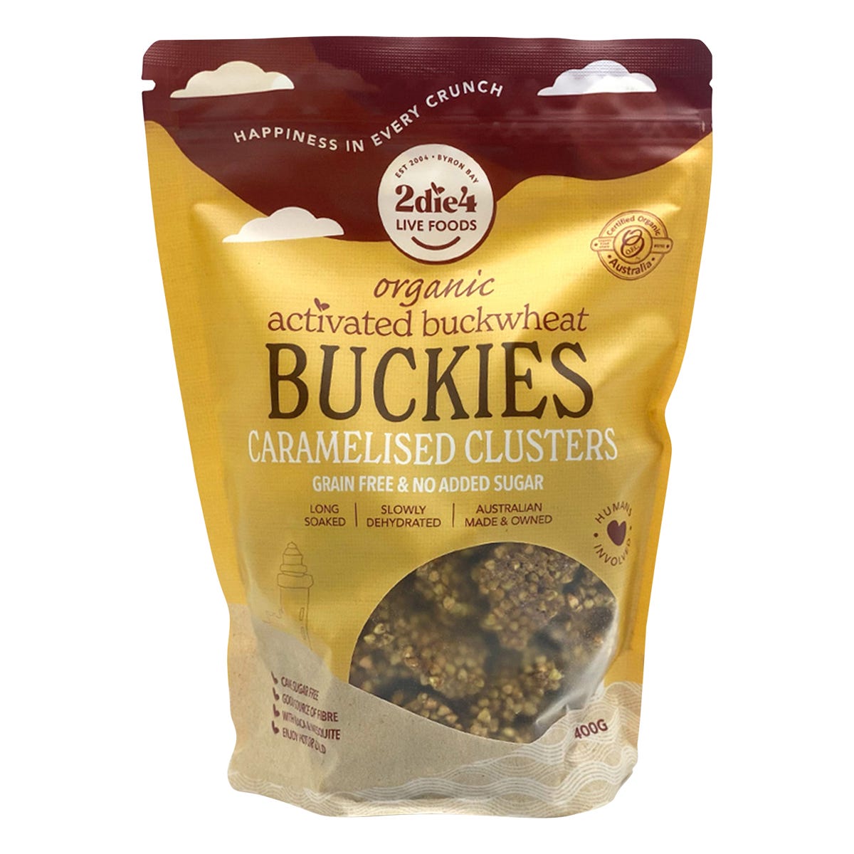 400g bag of 2die4 Live Foods Organic Activated Buckies Caramelised Clusters with a clear window showing the product.