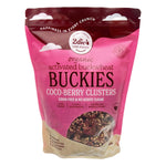 2die4 Live Foods Organic Activated Buckies Coco-Berry Clusters 400g bag with pink and white botanical label.