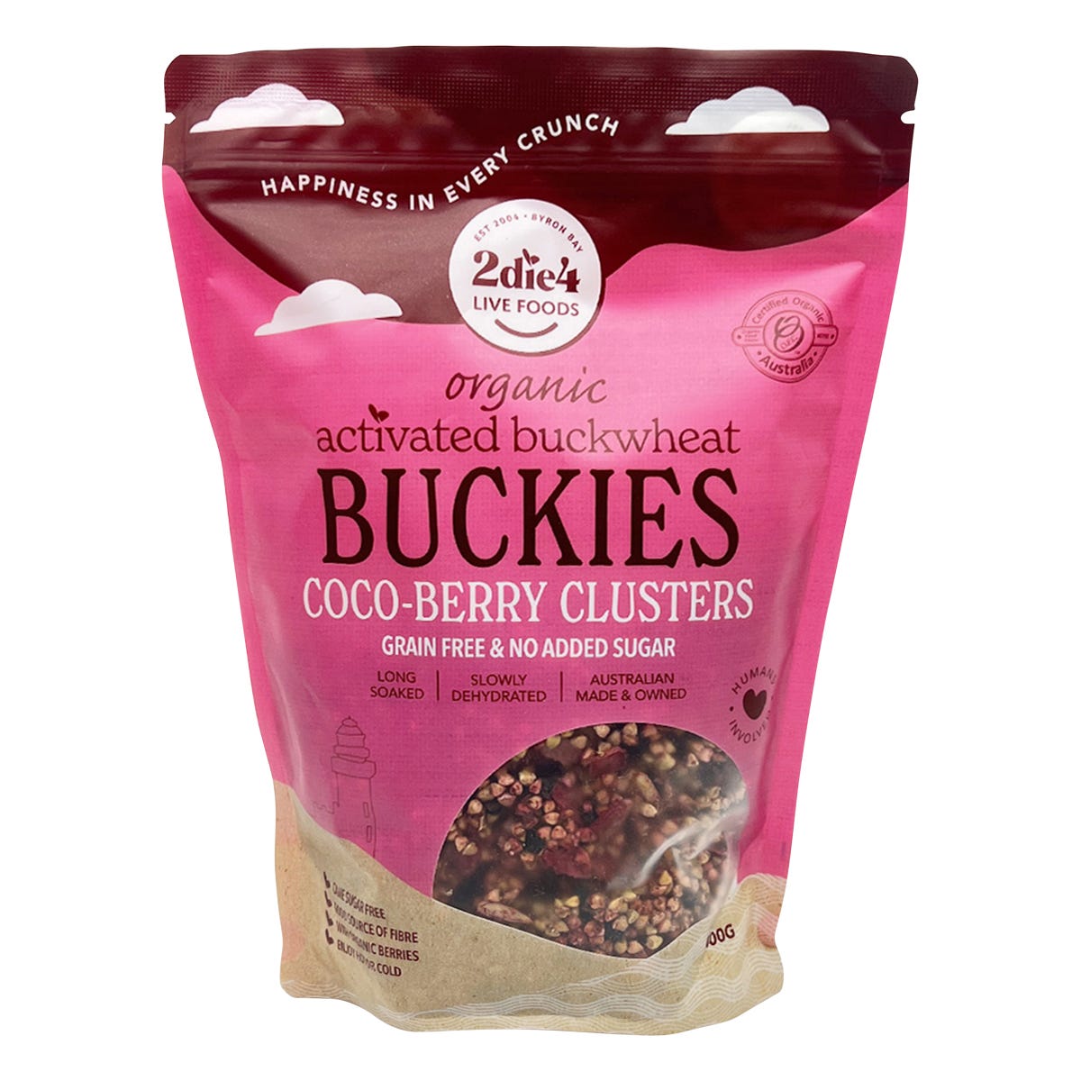 2die4 Live Foods Organic Activated Buckies Coco-Berry Clusters 400g bag with pink and white botanical label.