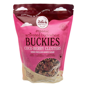 2die4 Live Foods Organic Activated Buckies Coco-Berry Clusters 400g bag with pink and white botanical label.