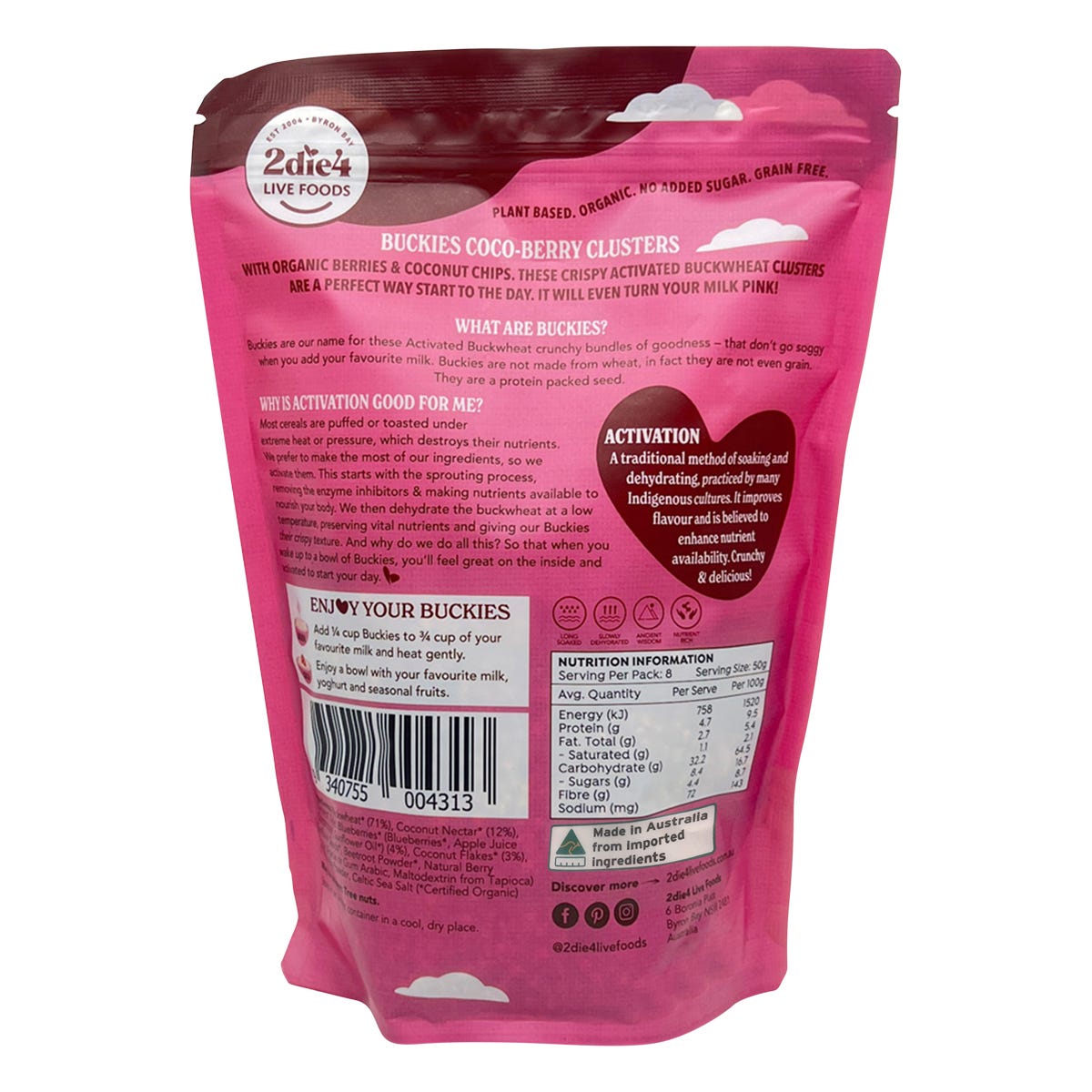 Back of 2die4 Live Foods Coco-Berry Clusters 400g bag showing nutritional information and organic ingredients.