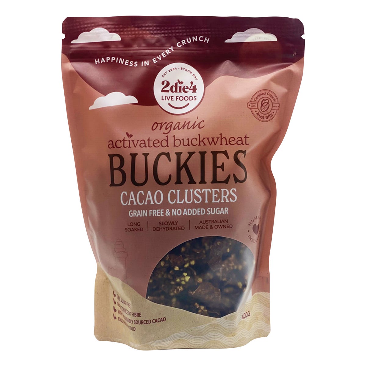 400g bag of 2die4 Live Foods Organic Activated Buckies Cacao Clusters featuring a chocolate buckwheat design.