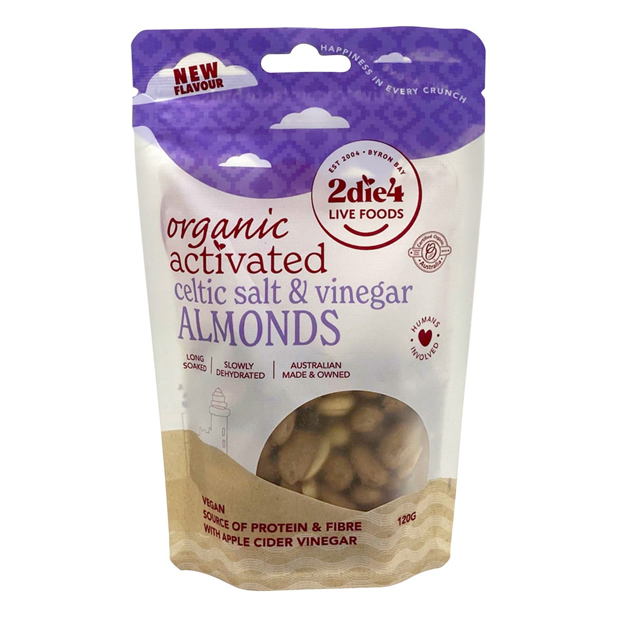 120g bag of 2die4 Live Foods Organic Activated Celtic Salt & Vinegar Almonds with apple cider vinegar.