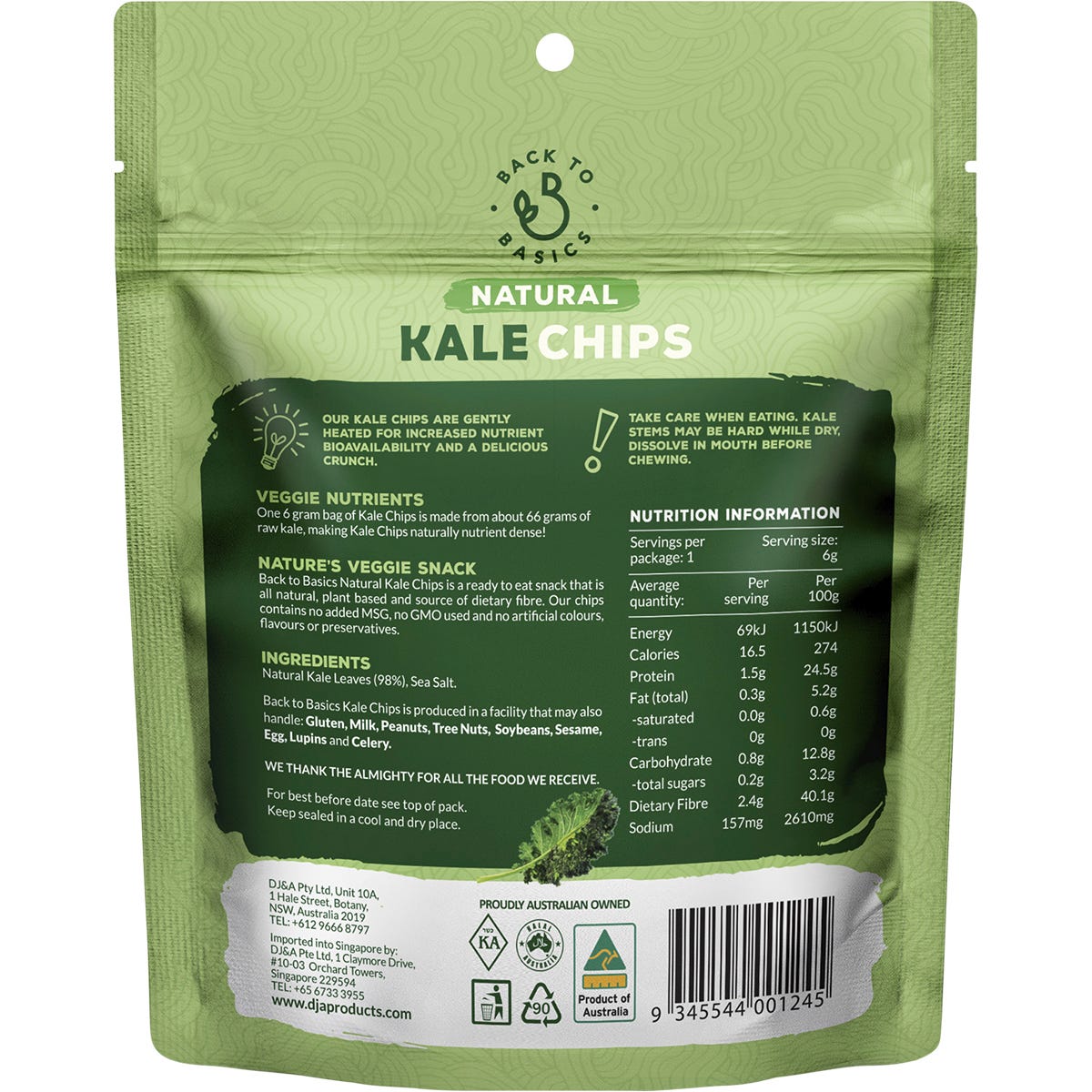 DJ&A Back to Basics Natural Kale Chips 6g (Pack of 10) Payless 4 Organics
