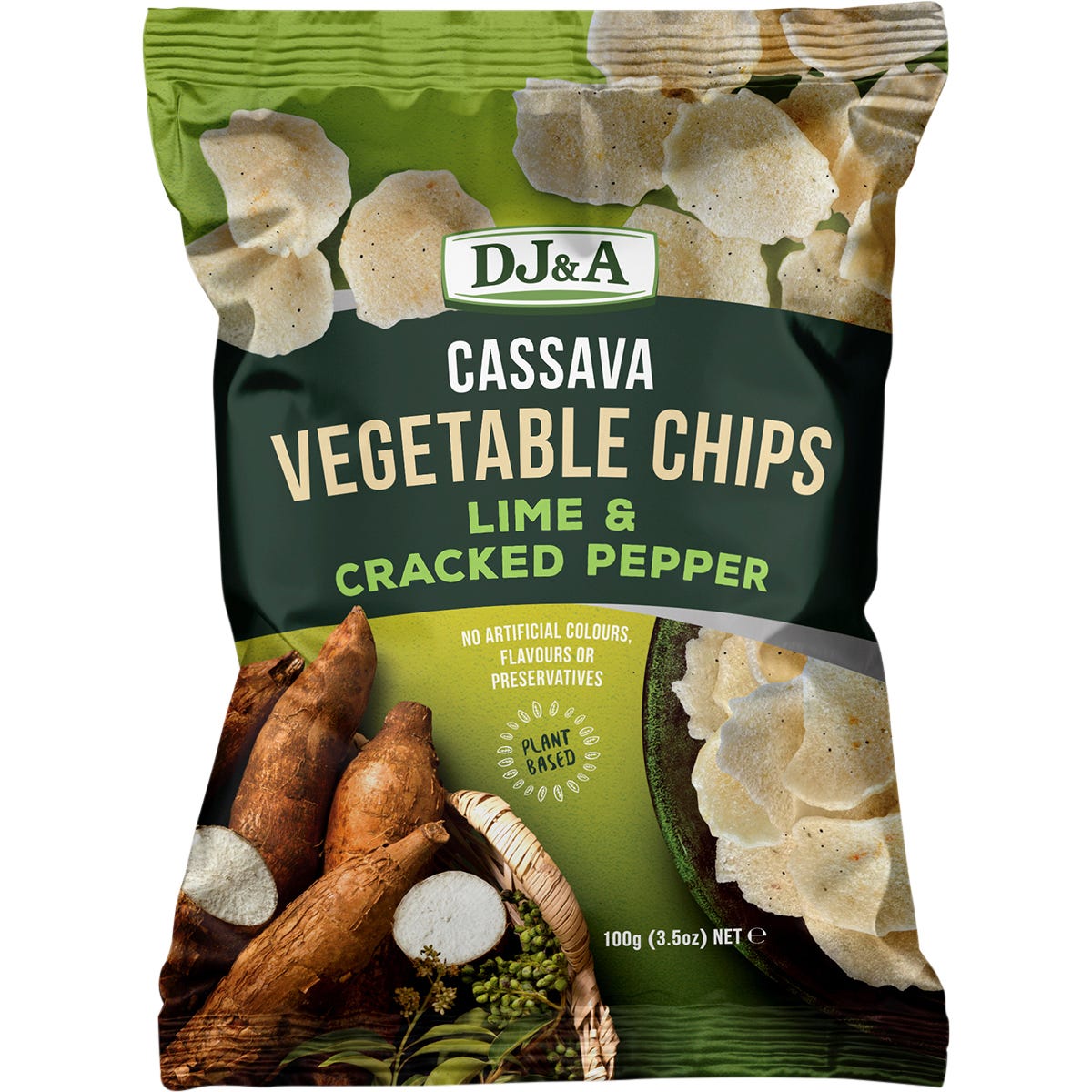 Five 100g bags of DJ&A Lime & Cracked Pepper Cassava Vegetable Chips on a white background.