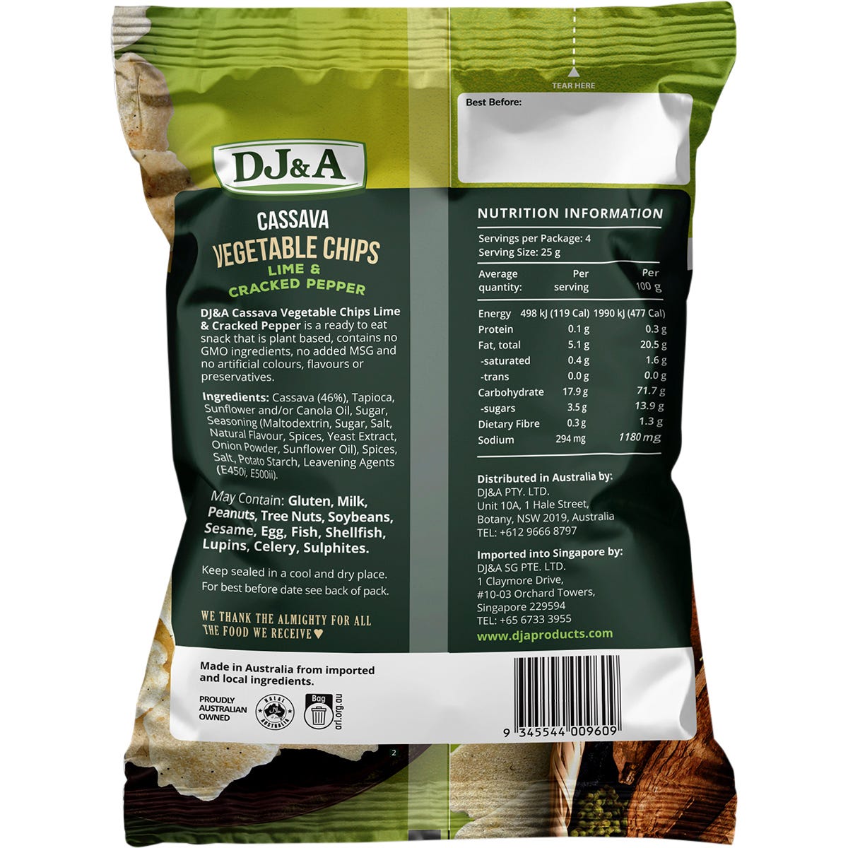 Single 100g bag of DJ&A Lime & Cracked Pepper Cassava Vegetable Chips on a white background.