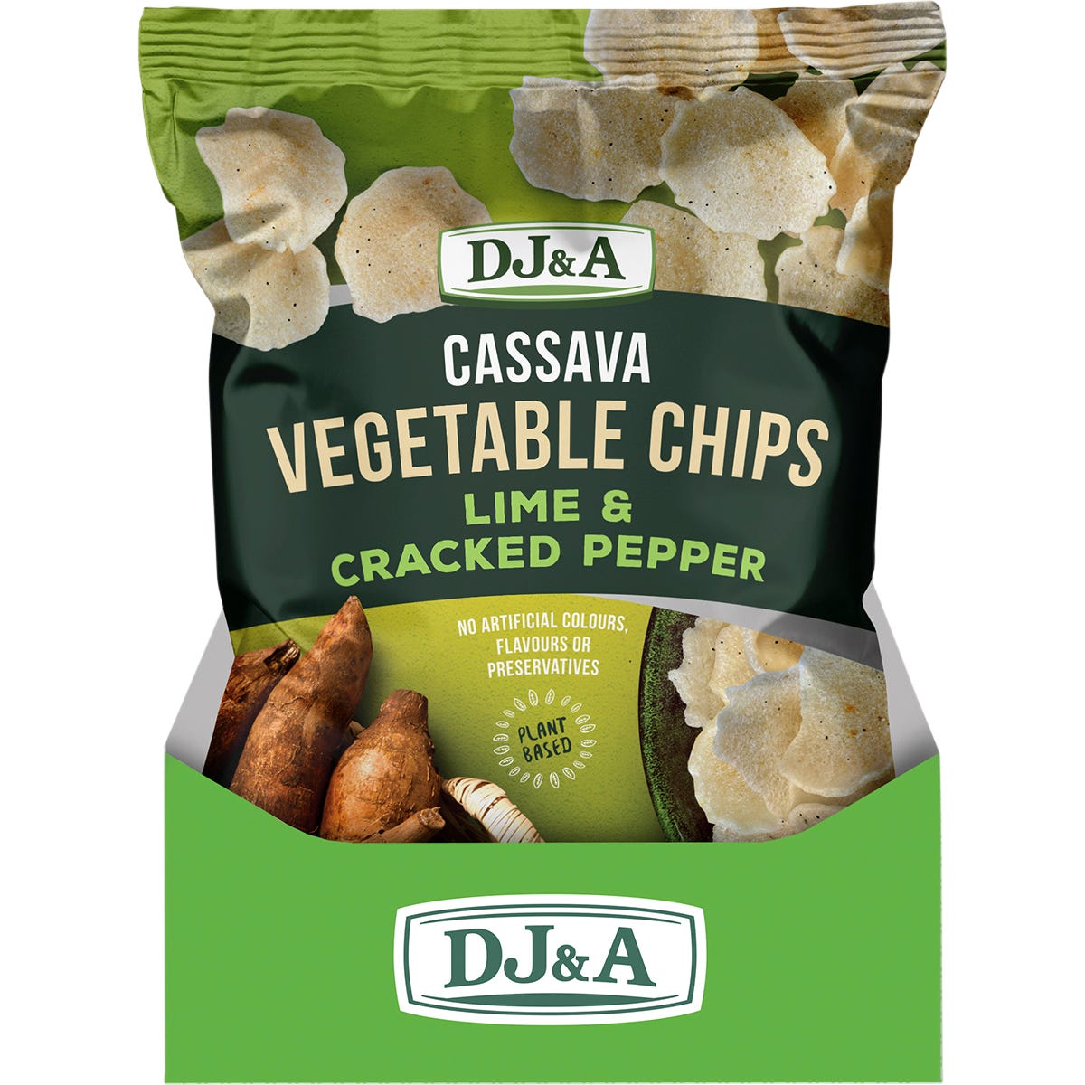 Back of a 100g DJ&A Lime & Cracked Pepper Cassava Vegetable Chips bag showing ingredients and nutrition facts.