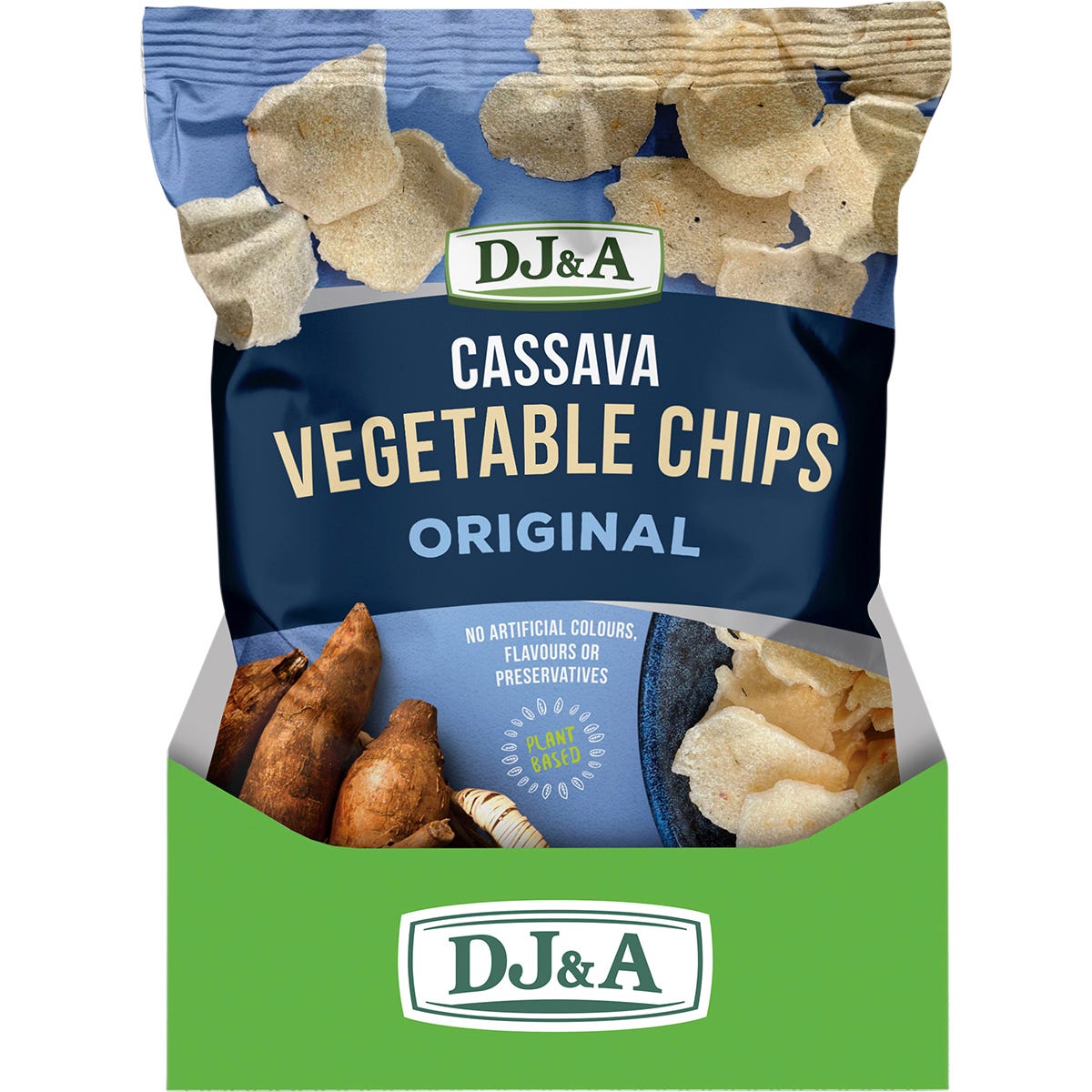 Side view of a DJ&A Original Cassava Vegetable Chips 100g bag showing its "Ready to Eat" and "Plant Based" features.