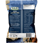Back of DJ&A 100g Original Cassava Vegetable Chips bag showing ingredients and nutritional info.