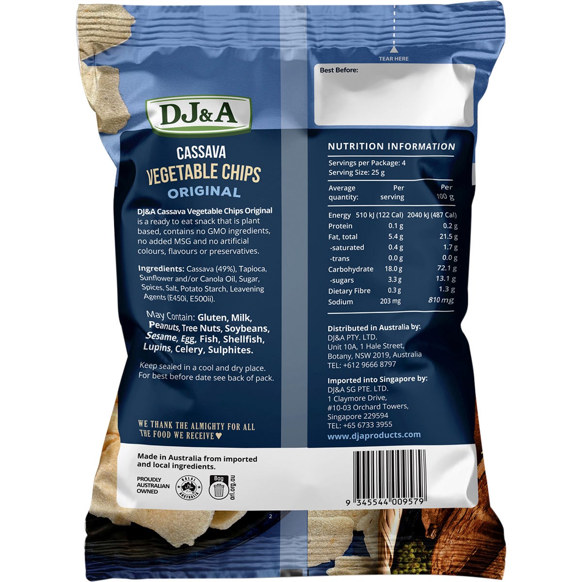 Back of DJ&A 100g Original Cassava Vegetable Chips bag showing ingredients and nutritional info.