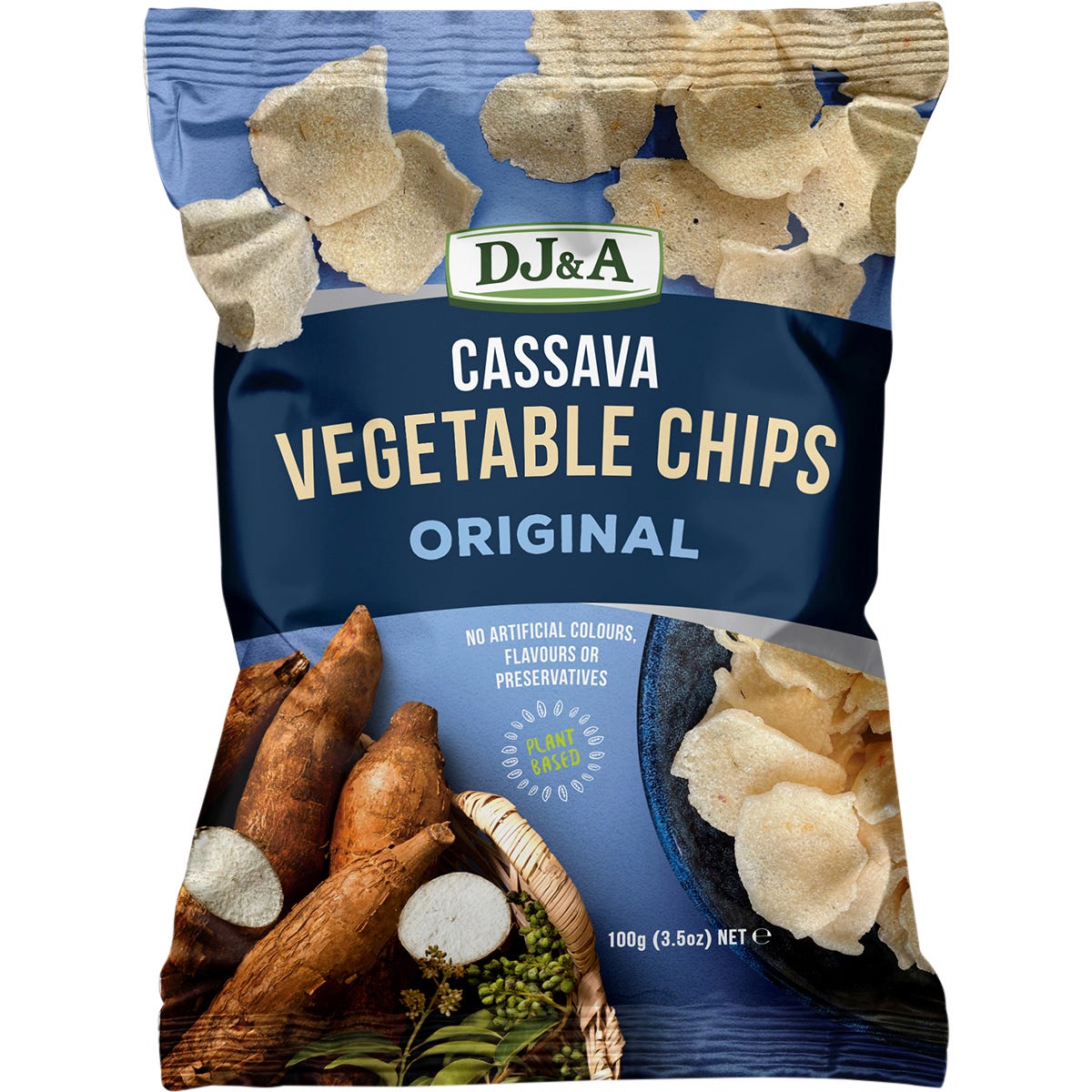 Five 100g bags of DJ&A Original Cassava Vegetable Chips arranged against a white background.