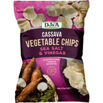 100g bag of DJ&A Cassava Vegetable Chips in Sea Salt & Vinegar flavor on a white background.