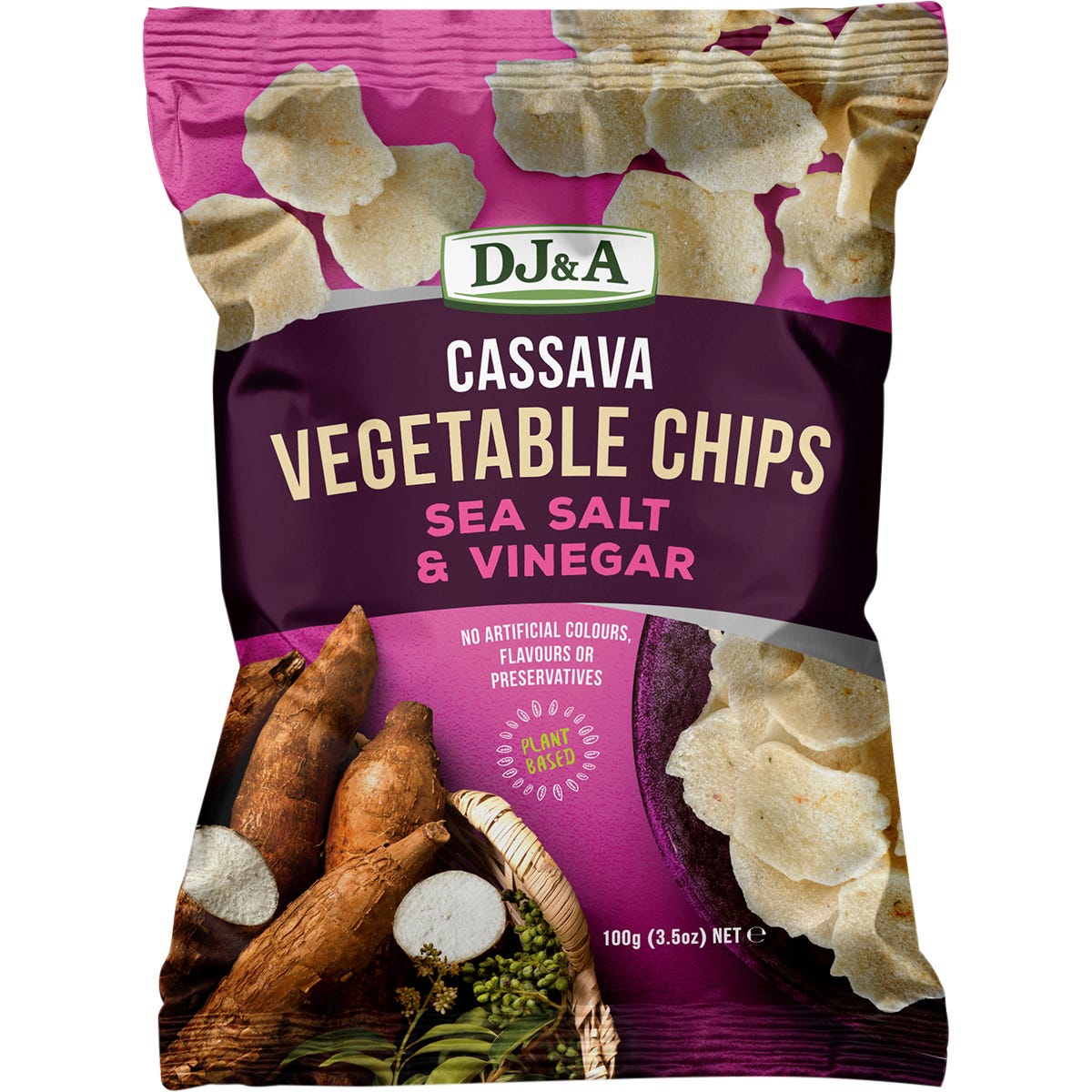 100g bag of DJ&A Cassava Vegetable Chips in Sea Salt & Vinegar flavor on a white background.