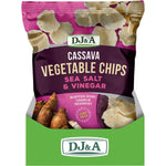 Side view of DJ&A 100g Cassava Vegetable Chips Sea Salt & Vinegar bag highlighting plant-based and non-GMO features.