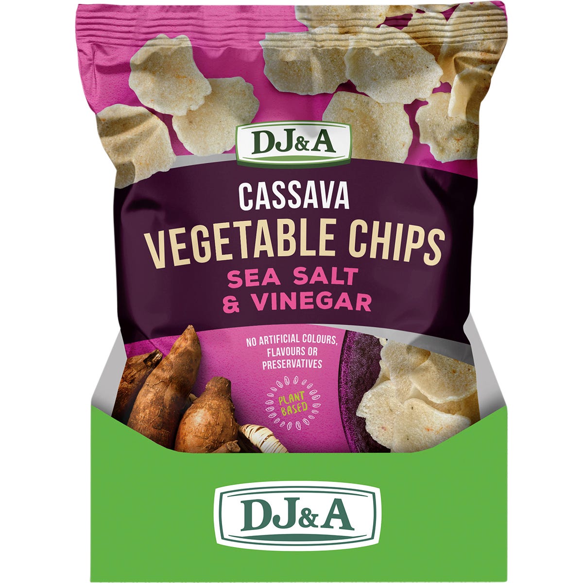 Side view of DJ&A 100g Cassava Vegetable Chips Sea Salt & Vinegar bag highlighting plant-based and non-GMO features.