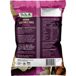 Rear of DJ&A 100g Cassava Vegetable Chips Sea Salt & Vinegar bag showing nutritional info and ingredients.