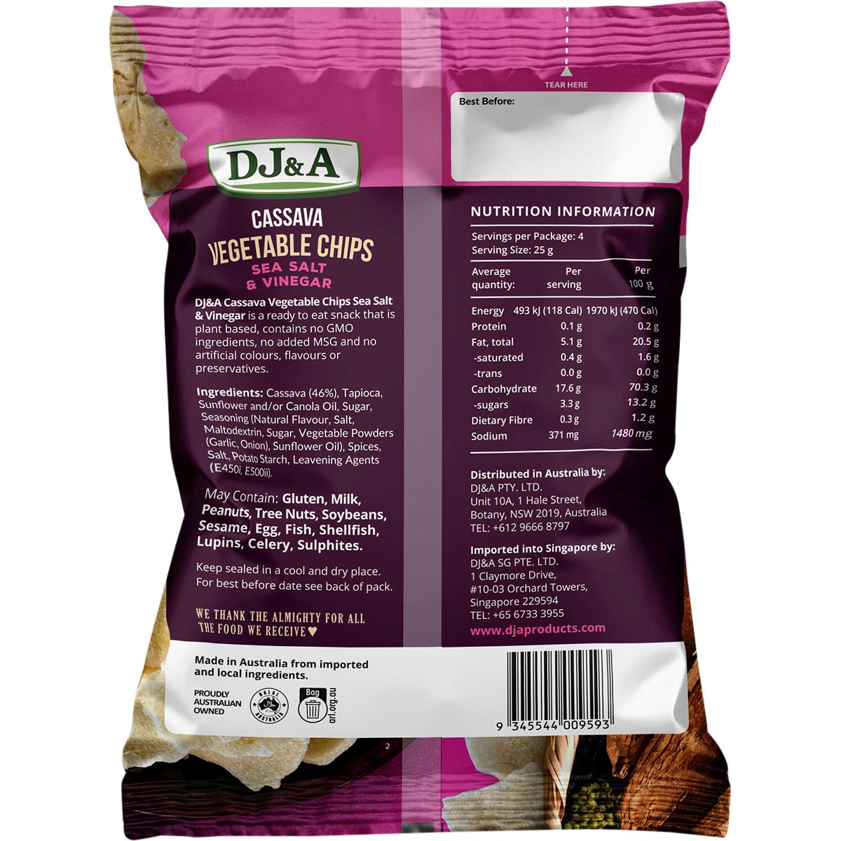 Rear of DJ&A 100g Cassava Vegetable Chips Sea Salt & Vinegar bag showing nutritional info and ingredients.