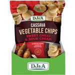 Side view of a 100g bag of DJ&A Sweet Chilli & Sour Cream Cassava Vegetable Chips showing nutritional information.
