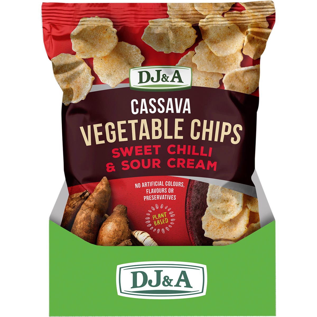 Side view of a 100g bag of DJ&A Sweet Chilli & Sour Cream Cassava Vegetable Chips showing nutritional information.