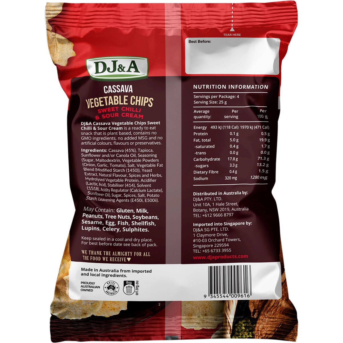 DJ&A Cassava Vegetable Chips in Sweet Chilli and Sour Cream flavor, shown in a 100g bag on a white background.