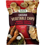 Five 100g bags of DJ&A Cassava Vegetable Chips in Sweet Chilli & Sour Cream flavor.