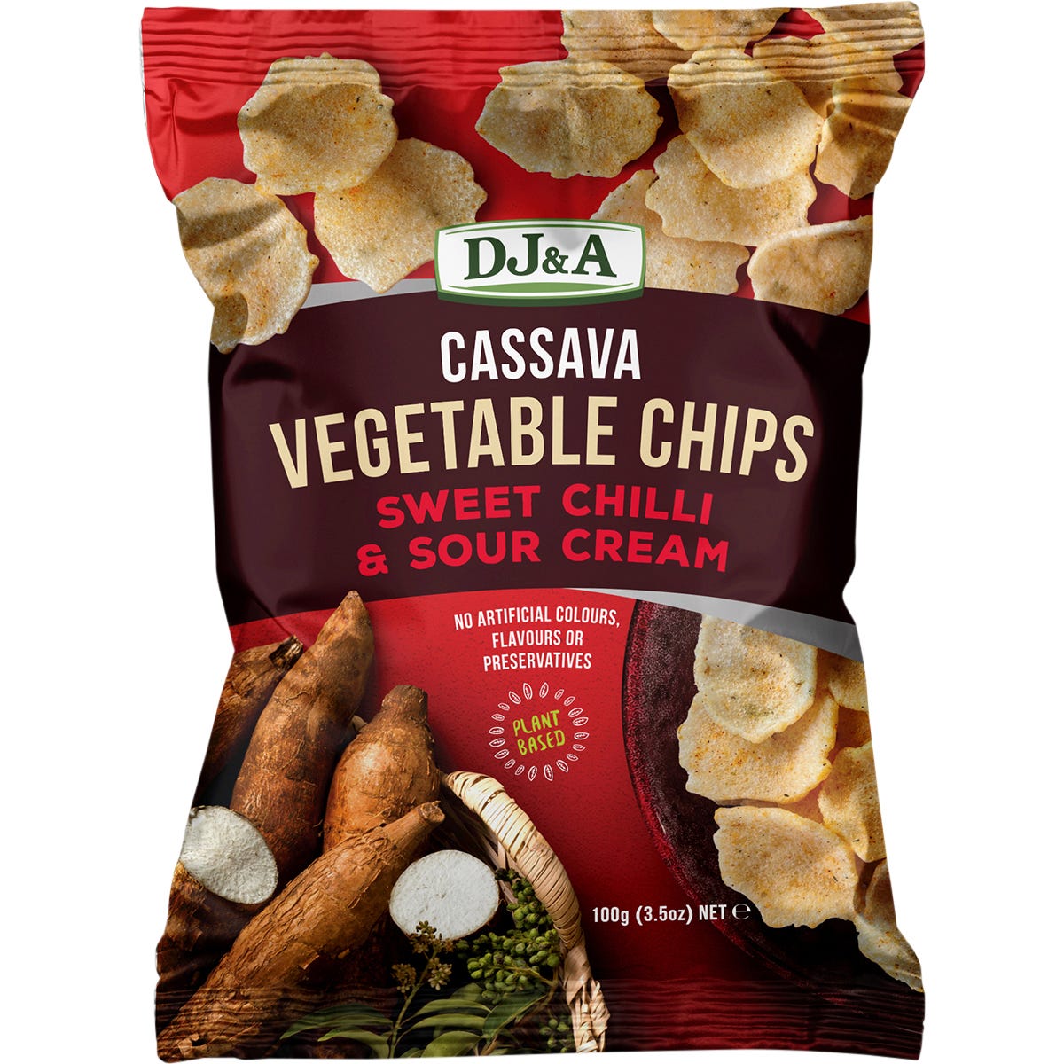 Five 100g bags of DJ&A Cassava Vegetable Chips in Sweet Chilli & Sour Cream flavor.