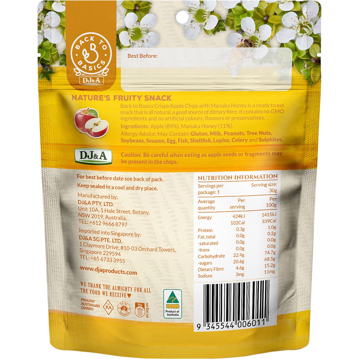 DJ&A Crispy Apple Chips with Manuka Honey 30g (Pack of 10) Payless 4 Organics