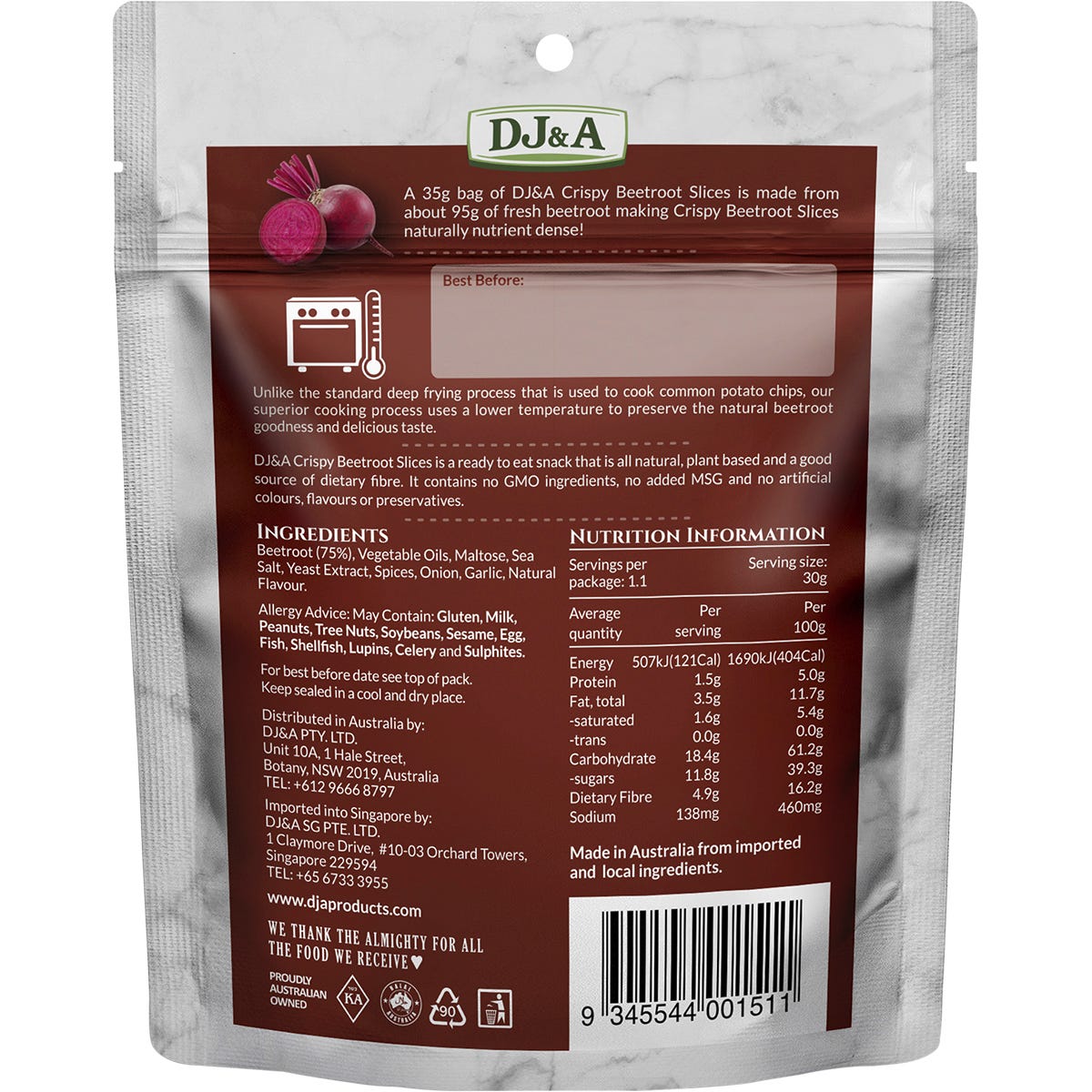 35g bag of DJ&A Crispy Beetroot Slices featuring natural plant-based snack illustrations on a white background.