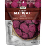 A 10-pack box and individual 35g bag of DJ&A Crispy Beetroot Slices featuring natural plant-based snack illustrations.