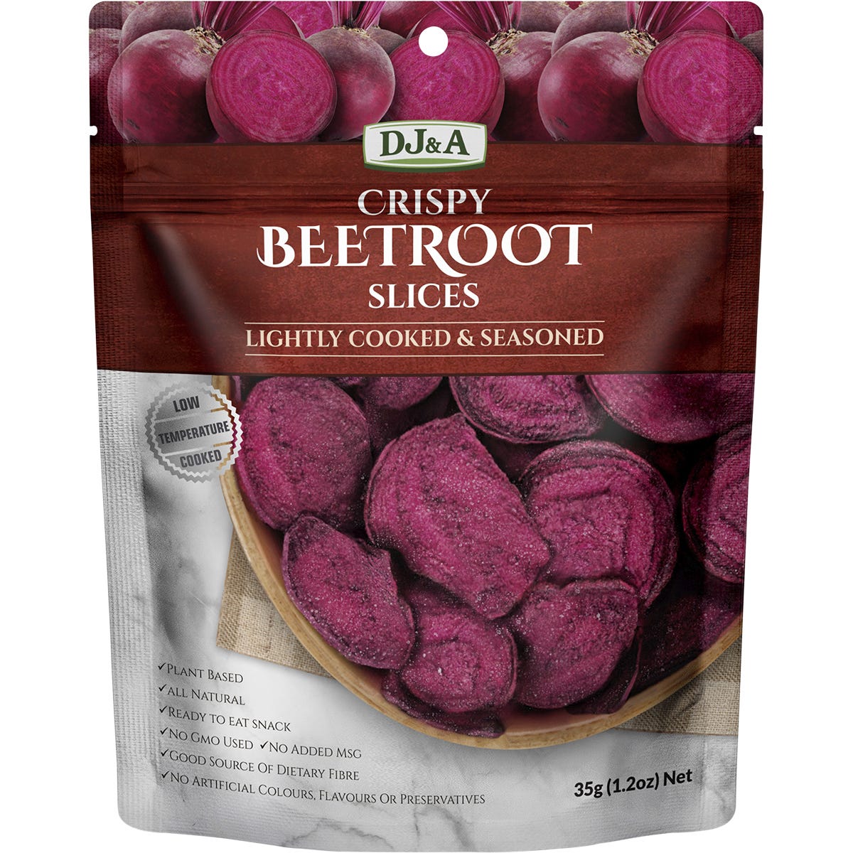 A 10-pack box and individual 35g bag of DJ&A Crispy Beetroot Slices featuring natural plant-based snack illustrations.
