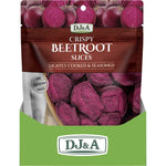 Back of DJ&A Crispy Beetroot Slices 35g bag with nutrition facts, ingredients list, and product certifications.