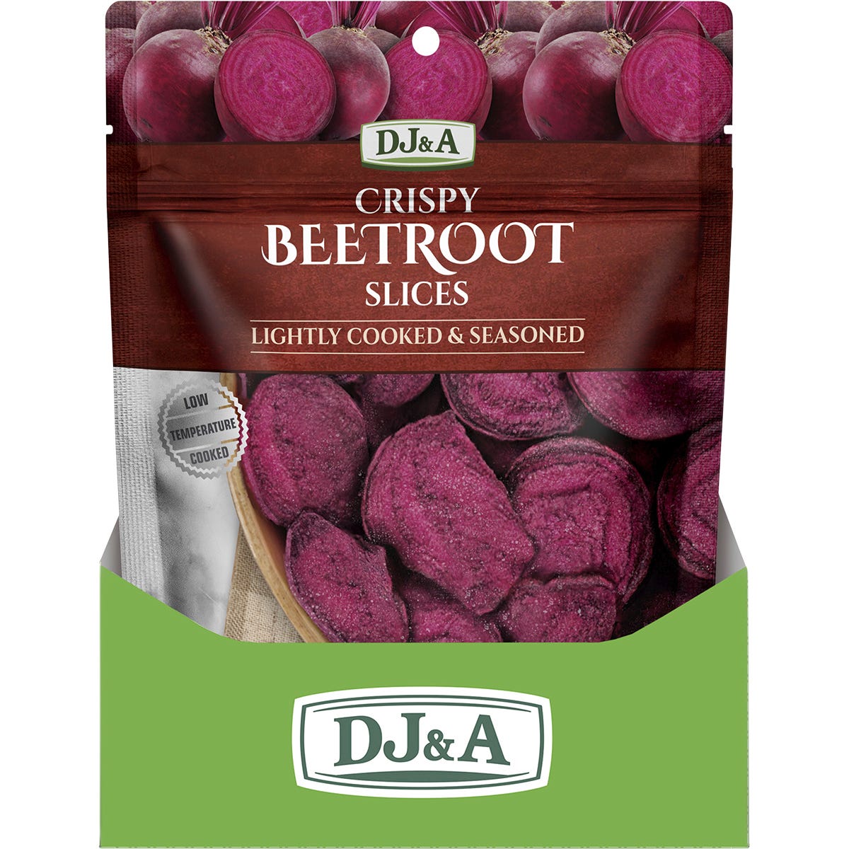 Back of DJ&A Crispy Beetroot Slices 35g bag with nutrition facts, ingredients list, and product certifications.