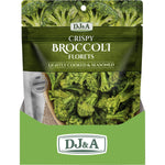 Back of DJ&A Crispy Broccoli Florets 25g bag with nutrition facts, ingredients, and a "Natural" logo.