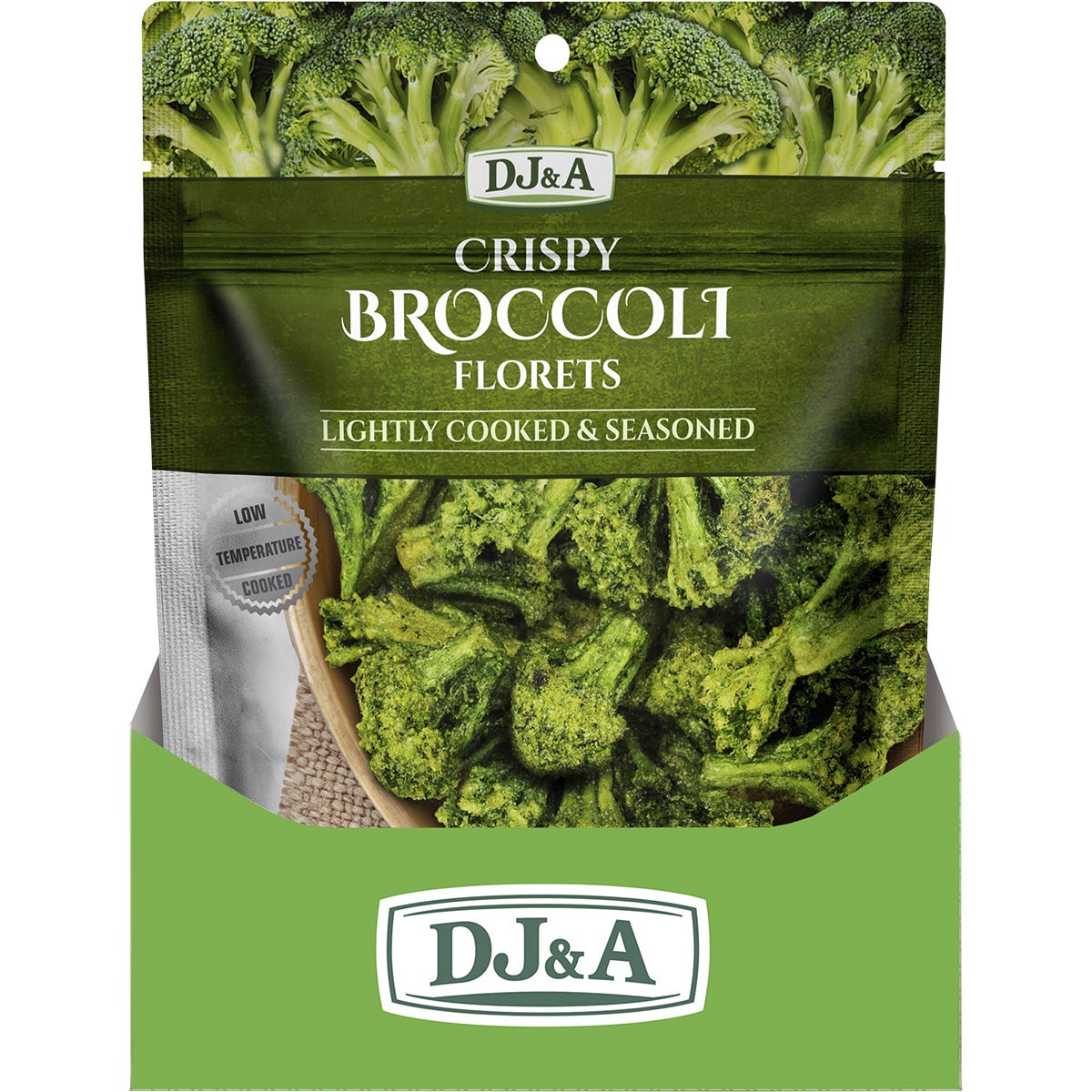 Back of DJ&A Crispy Broccoli Florets 25g bag with nutrition facts, ingredients, and a "Natural" logo.