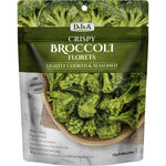12-pack of DJ&A Crispy Broccoli Florets 25g bags in green packaging featuring real dried broccoli florets.