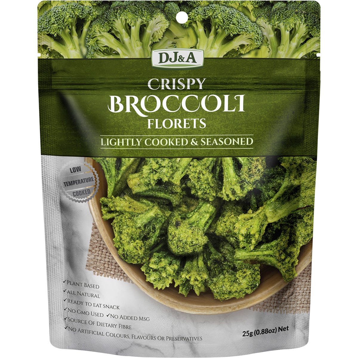 12-pack of DJ&A Crispy Broccoli Florets 25g bags in green packaging featuring real dried broccoli florets.