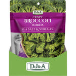Side view of a 12-pack display box for DJ&A Crispy Broccoli Florets Sea Salt & Vinegar 25g bags.