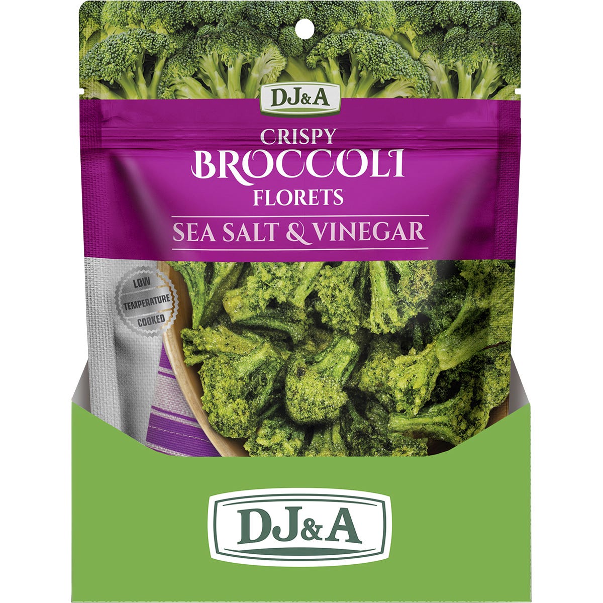Side view of a 12-pack display box for DJ&A Crispy Broccoli Florets Sea Salt & Vinegar 25g bags.