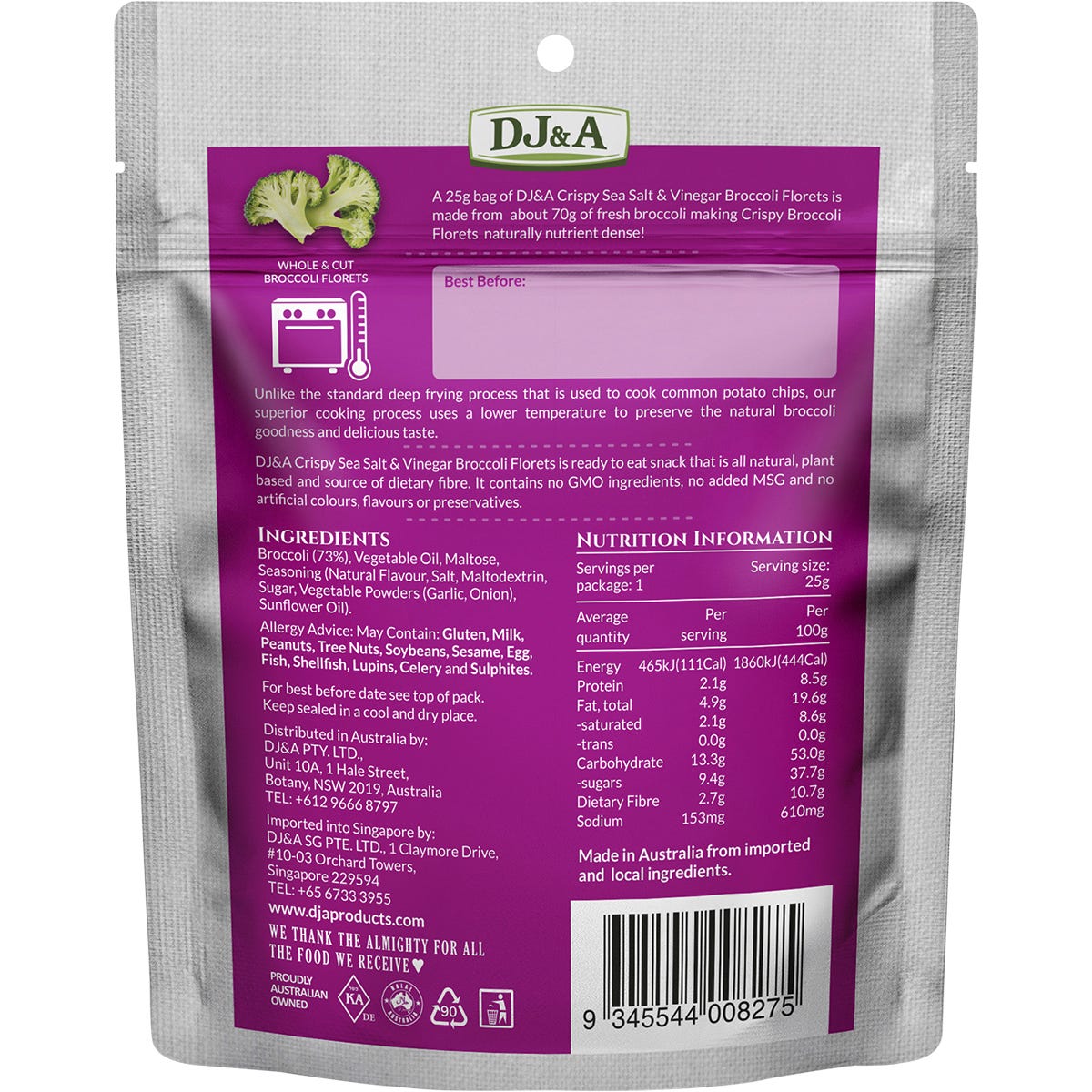 DJ&A Crispy Broccoli Florets Sea Salt & Vinegar 25g (Pack of 12) Payless 4 Organics