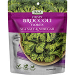 DJ&A Crispy Broccoli Florets Sea Salt & Vinegar 25g bag with a pack of 12 on a white background.