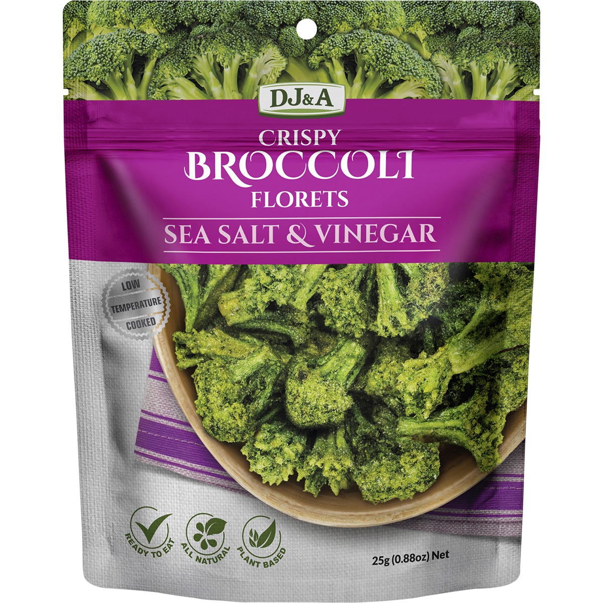 DJ&A Crispy Broccoli Florets Sea Salt & Vinegar 25g bag with a pack of 12 on a white background.