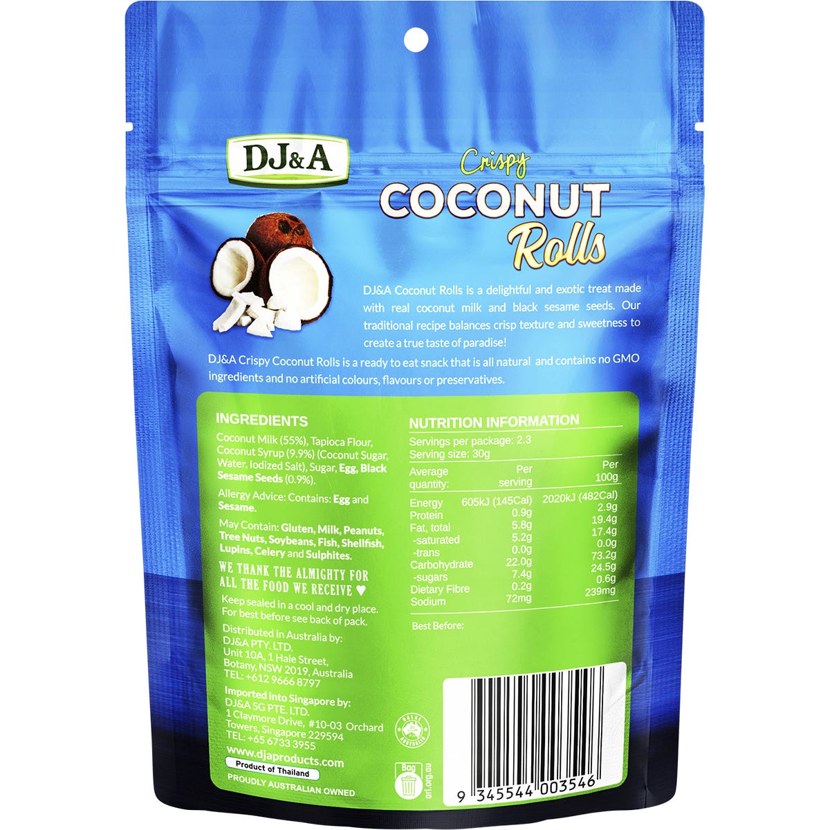 DJ&A Crispy Coconut Rolls 70g pack shown on a white background.