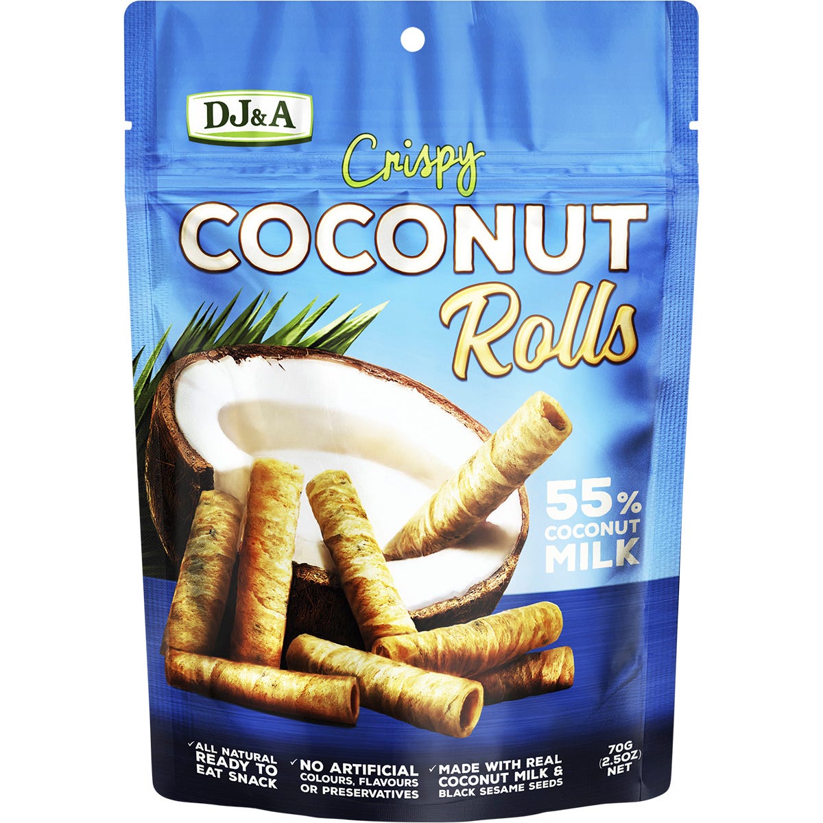 A pack of DJ&A Crispy Coconut Rolls 70g and a single coconut roll displayed on a white background.